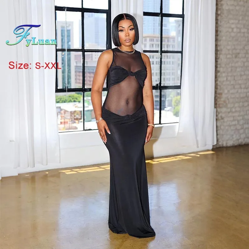 2025年新作 ブラック レディース ロングドレス セクシー シースルー メッシュ ボディコン ドレス ラウンドネック ノースリーブ マキシドレス ファッション パーティー イブニングドレス