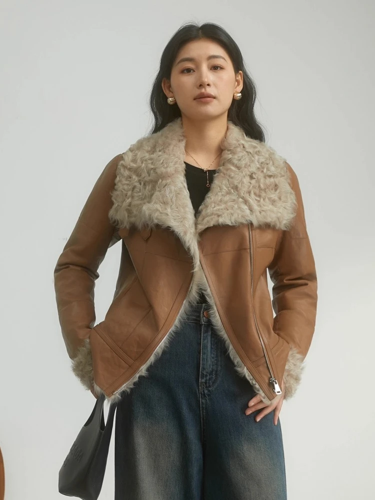 高級天然ラムファー冬用レディースバイクジャケット 2025年新作 シンプルカジュアル 暖かい本革リアルファーコート