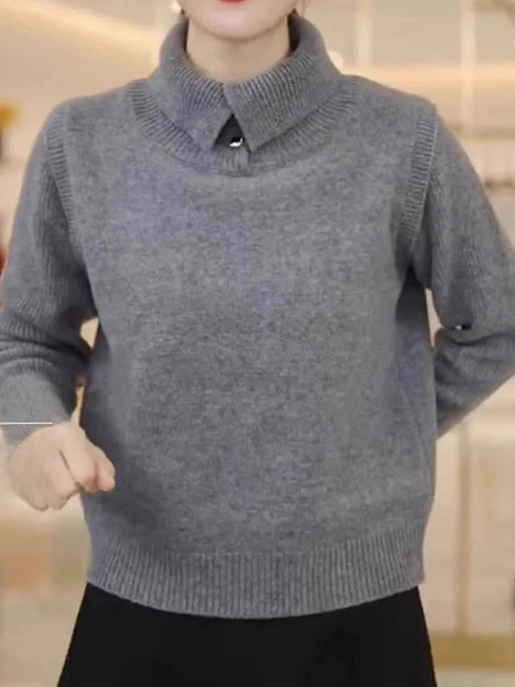 

Pure Color Woolen Long Sve Knitted Sweater Casual Comfortable Faionable Collared Warm Leisure Top Anti-aging Design