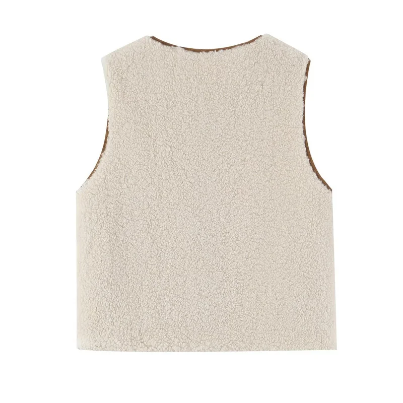 Women's Faux Fur Vest Early Autumn 2026 Lapel Pocket Trim Sleeveless Waistcoat Chic Outerwear Жилет