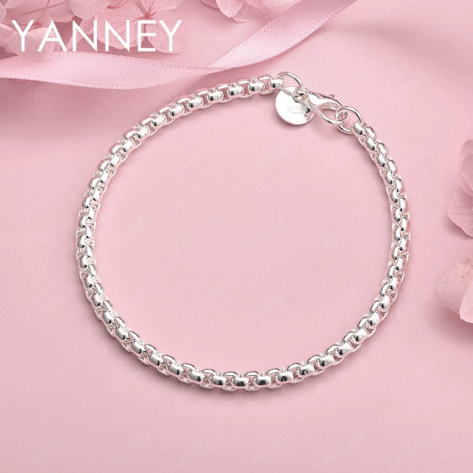 

925 Sterling Silver 8 Inches 4MM Round Box Chain Bracelet For Men Fashion Charm Wedding Engagement Gifts Jewelry Party