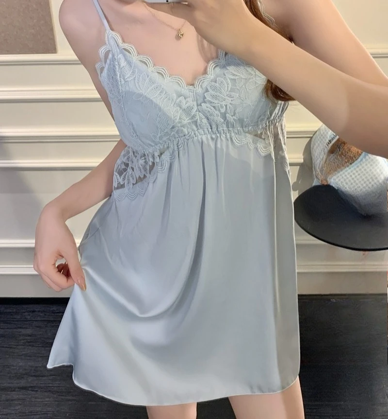 Summer Strap Nightdress Sexy Women Backless Nightgown Gown Lace Hollow Out Chemise Nightwear Silky Satin Sleepwear Home Dress