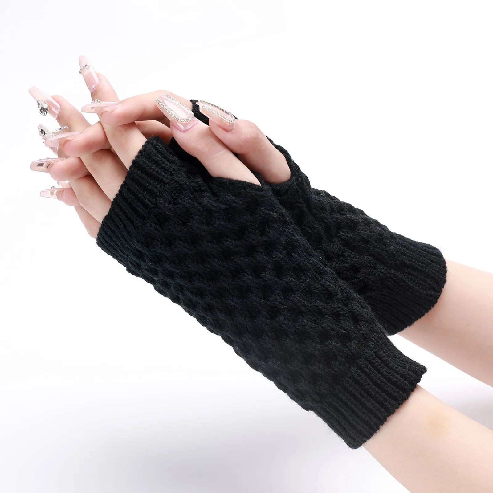 Fashion Women Winter Gloves Hand Knitted Crochet Half-Finger Gloves Solid Color Soft Warmer Mittens Outdoor Driving Gloves