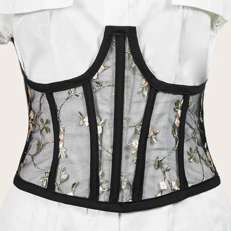 High Waist Corsets Fashion Floral Embroidery Black Corset Harajuku Vintage Mesh See Through Waist Shaper Corsets Cummerbunds