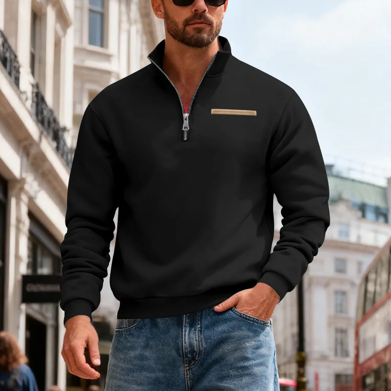 سويت شيرت رجالي شتوي من الصوف على الطراز الأمريكي، قميص رياضي خارجي دافئ وفضفاض مع ياقة واقفة مخططة بألوان متباينة