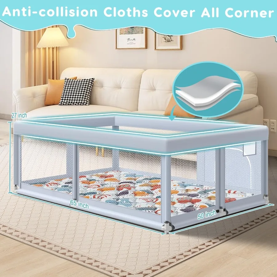 65" ×50" Large Baby Playpen with Mat Baby Playard for Babies and Toddlers Play Pens for Indoor and Outdoor Sturdy Safety Play Y