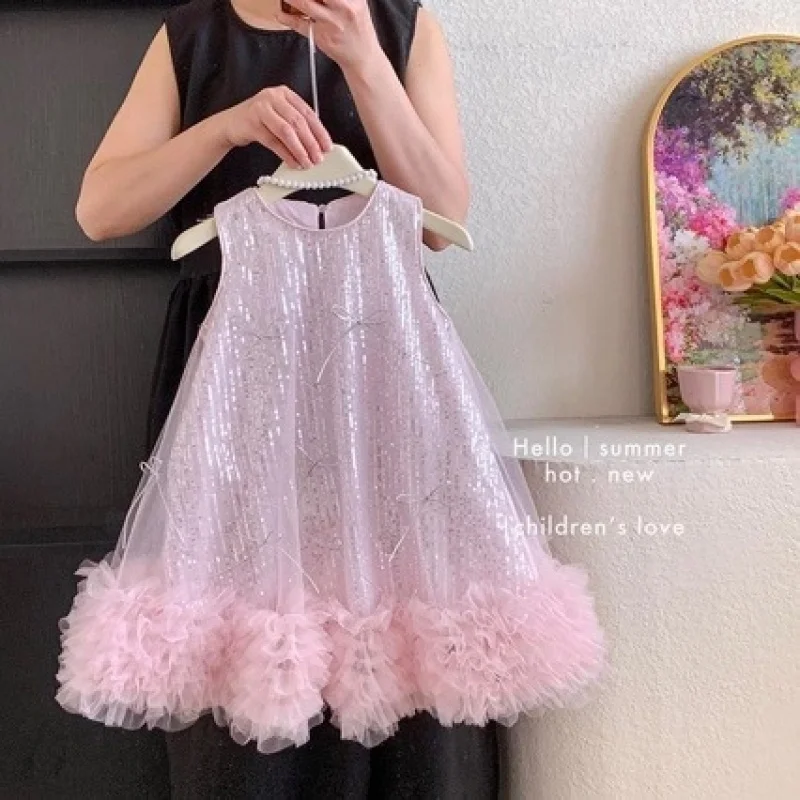 New High-End European and American Style Puffy Bow Sequin Princess Dress for Girls