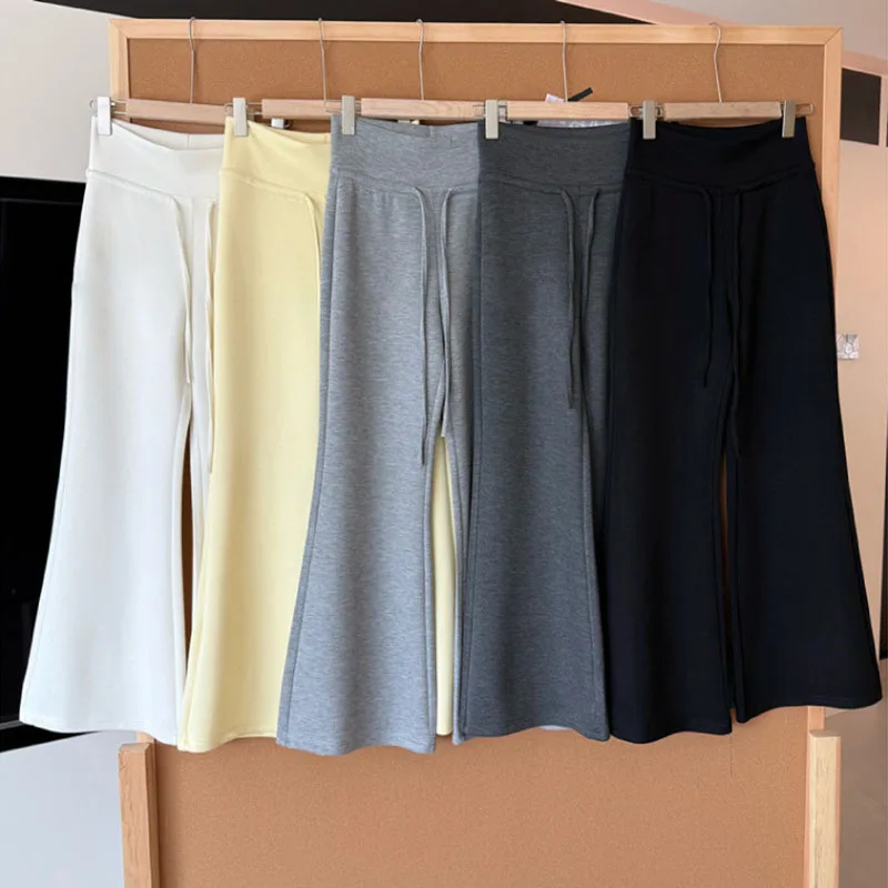 Women Micro Flare Sweatpants High Waist Drawstring Elastic Waist Solid Color Soft Casual Trousers Korean Chic Slimming Pants