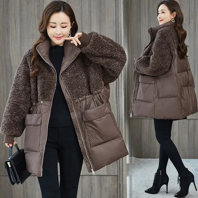 Women Winter Coat Jacket Warm Down Cotton Parkas 2024 High-end Lamb Plush Splicing Overcoat Female Loose Large Size Outcoat