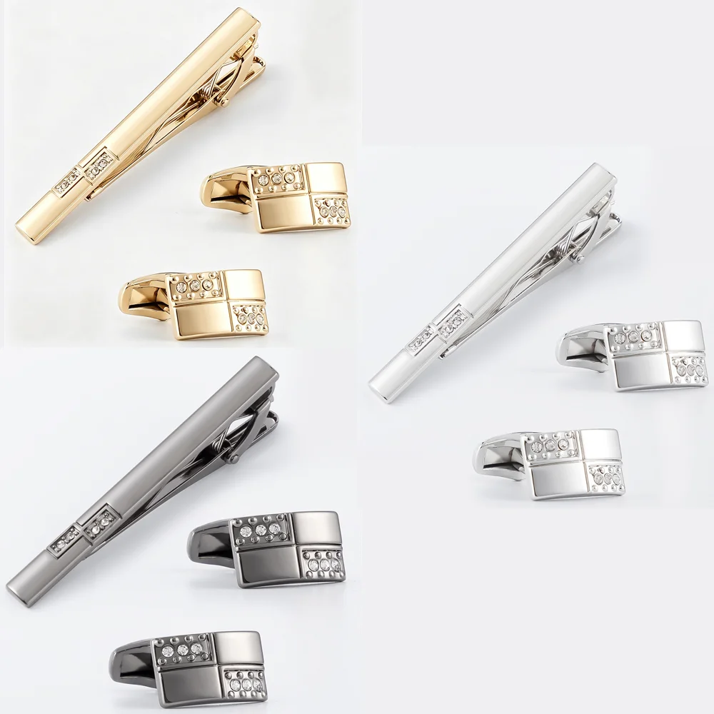 Three Colors Available Plated Tie Clip & Cufflinks Set with Crystal Inlay Geometric Design Men Formal Suit Accessories