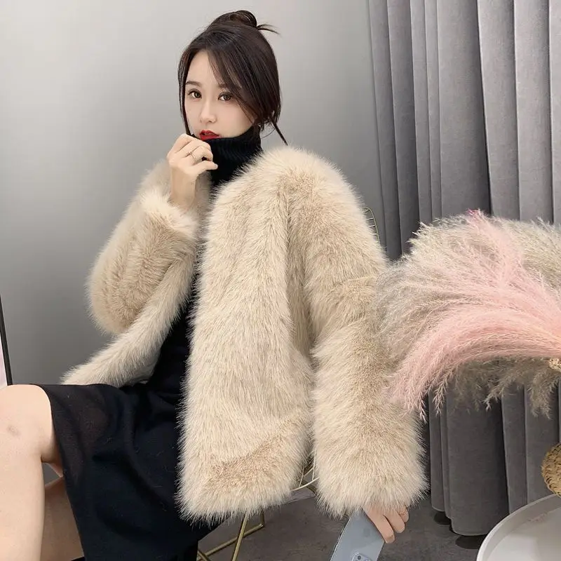 2023 Autumn Winter New Women Mid-Length Faux Fur Coat Loose Temperament Imitation Fox Fur Warm Outwear Fashion Casual Outcoat