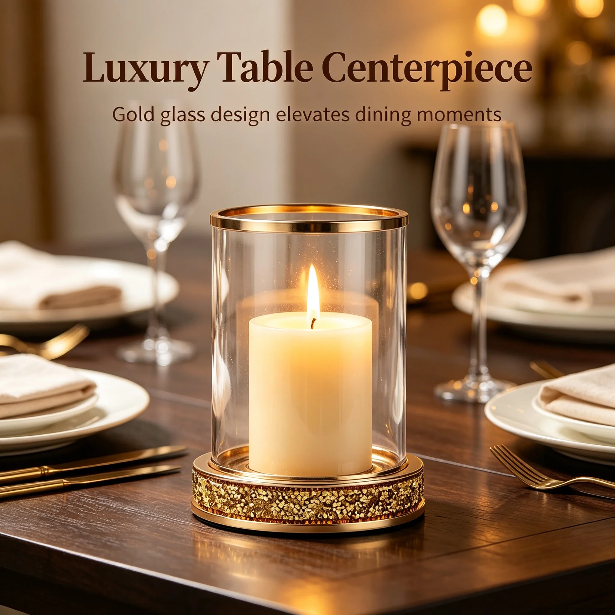 Glitter Inlaid Base Glass Hurricane Candle Holder Gold Metal Rim Pillar Candlestick for Wedding Table Home Windowsill Bar Decor