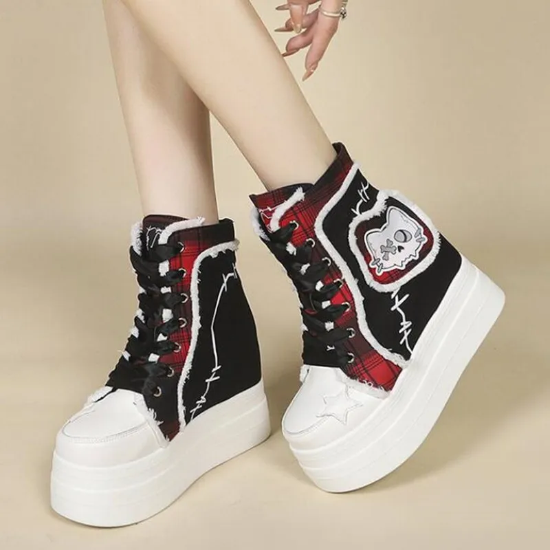 Gothic Platform High Top Sneakers for Women Wedge Y2K 10.5cm Heel Canvas Shoes Cute Cartoon Cat Patch Punk Lace-up Ankle Boots