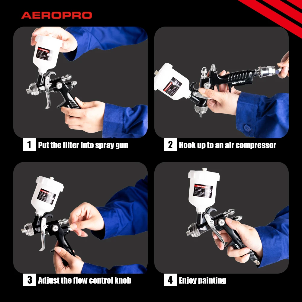 AEROPRO HVLP Spray Gun A606 Pro+5 paper funnels Touch Up Series Auto Refinishing Air Spray Gun 1.0mm Nozzle Gravity Feed 100cc