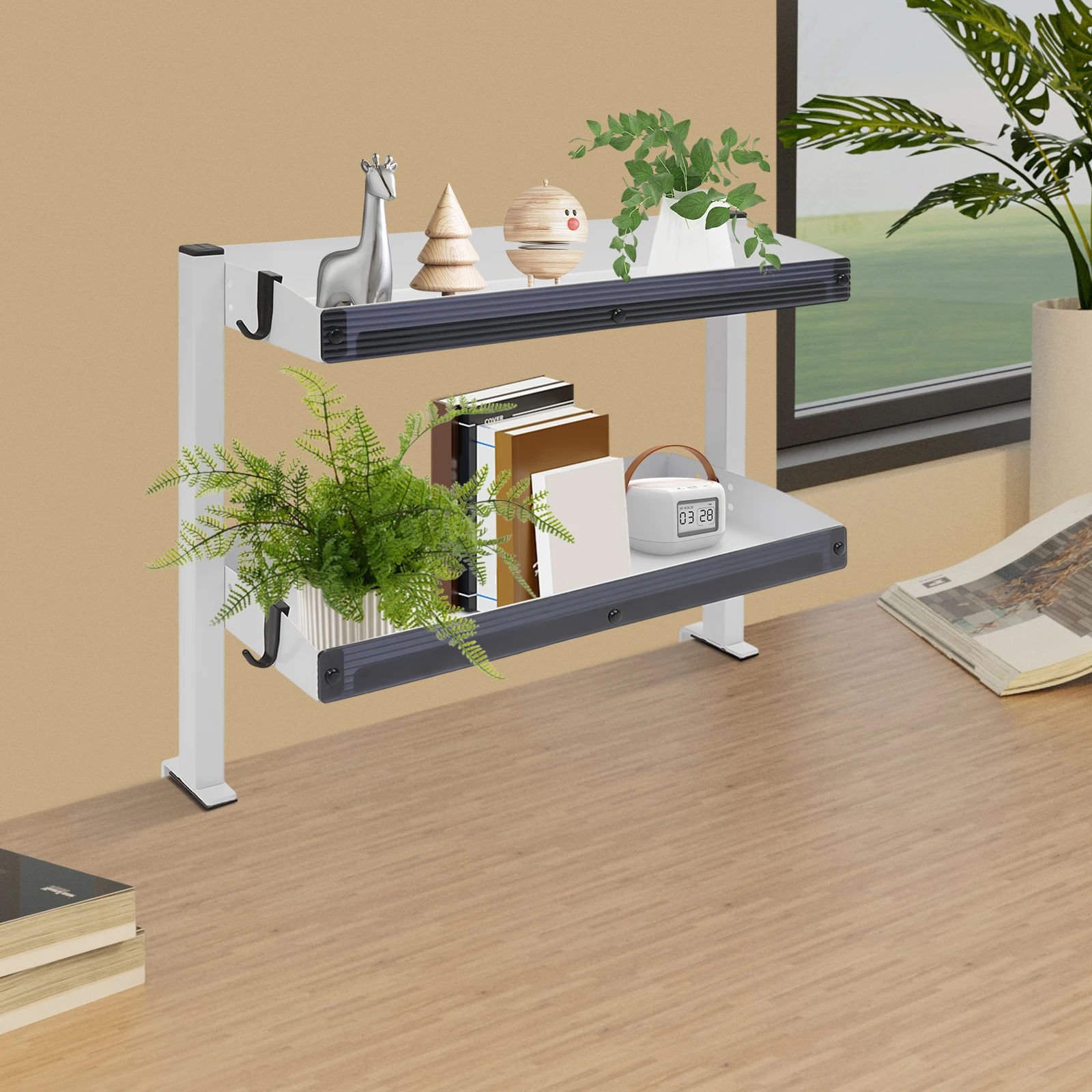 2-stöckiges Multifunktionales Klemmregal für Schreibtisch, Aufbewahrungssystem mit 10 kg Tragkraft pro Ebene, Platzsparender Organizer aus Kohlenstoffstahl, Ideal für Büro und Homeoffice (Weiß)