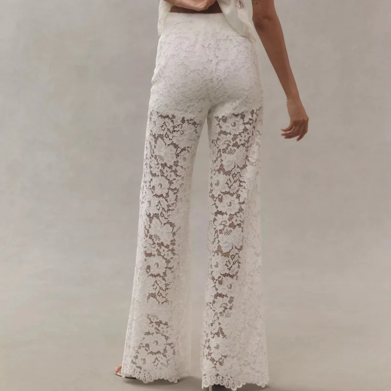 Fashion Patchwork Lace Bell Bottom Pants for Women Sexy See Through Flare Leggings Hollow Out Mesh Sheer Cover Up Trousers