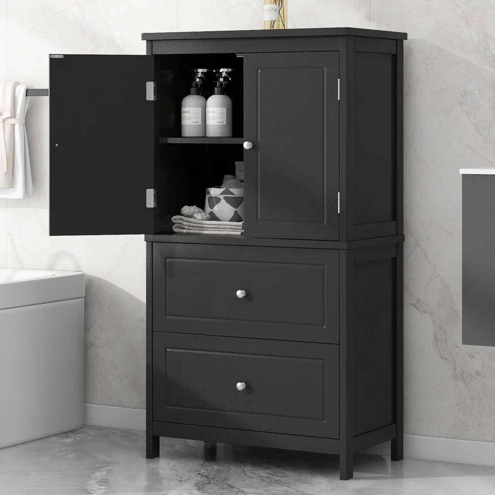 Bathroom Furniture Sets Bathroom Storage Cabinet, Cabinet Two Doors and Drawers, Adjustable Shelf, MDF Board, Black Furniture