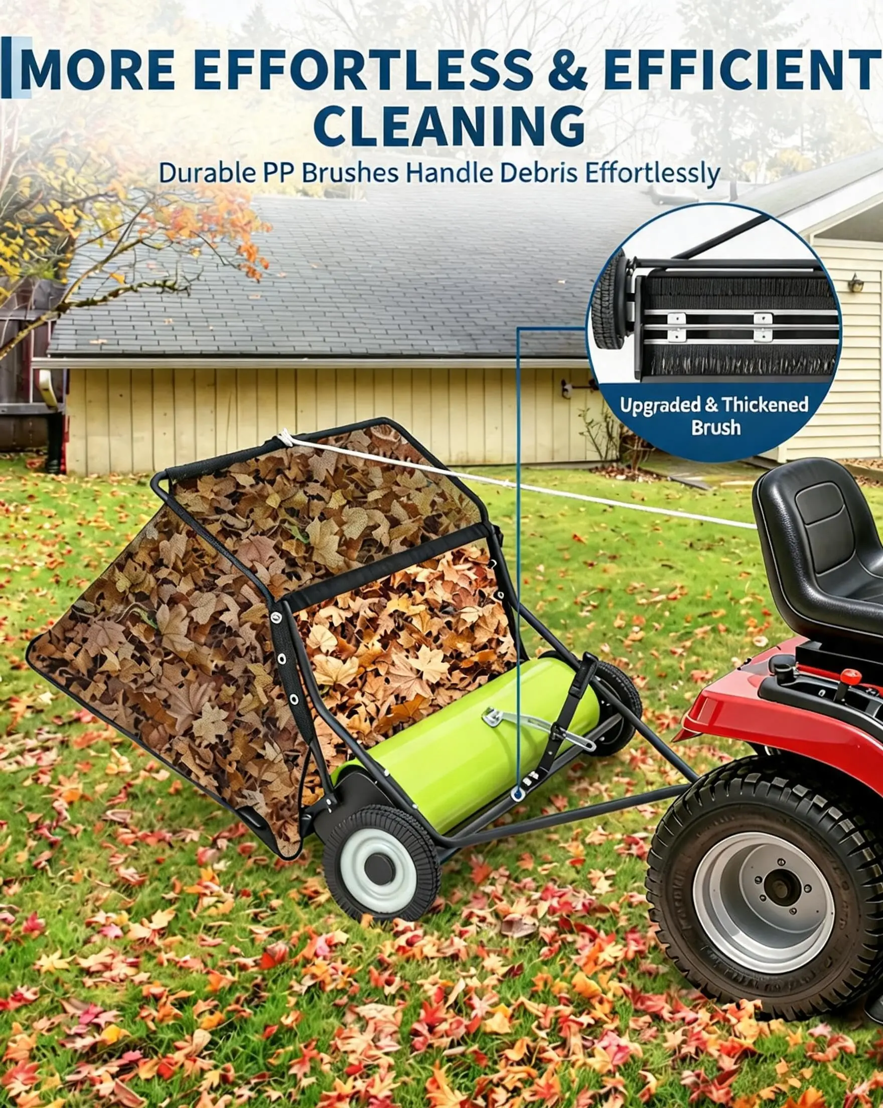 Large-Path Tow-Behind Lawn Sweeper – 42-52 Inch Sweeping Width, 12-27 Cu.Ft Container, Adjustable Brush Height, Heavy Duty Leaf & Grass Collector for Yard, Garden, Tractor, ATV – Black