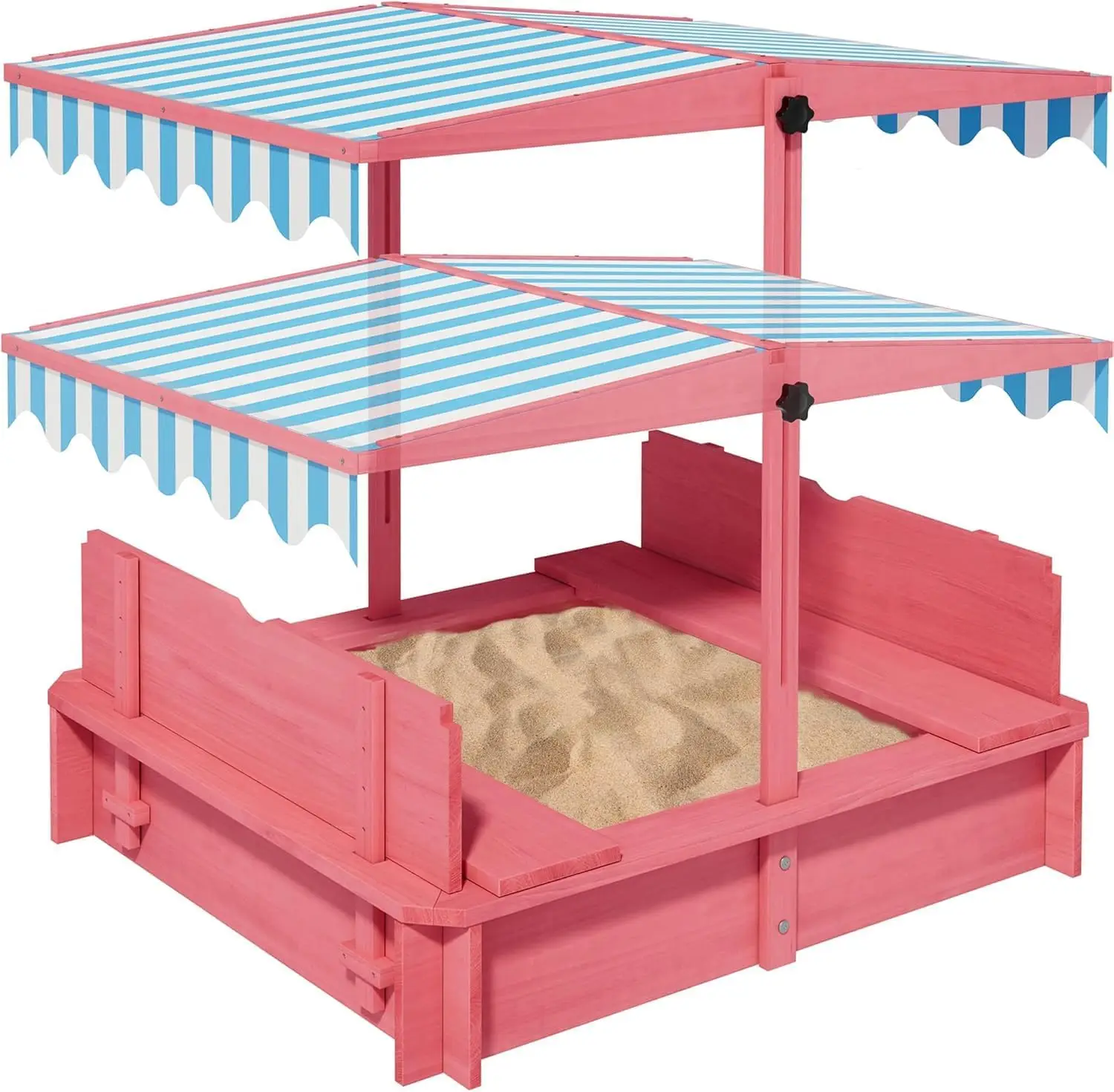 

Wooden Kids Sandbox with Height Adjustable UV Resistant Canopy 43x43 Inch Outdoor Play Sand Box with Lid 2 Foldable Bench