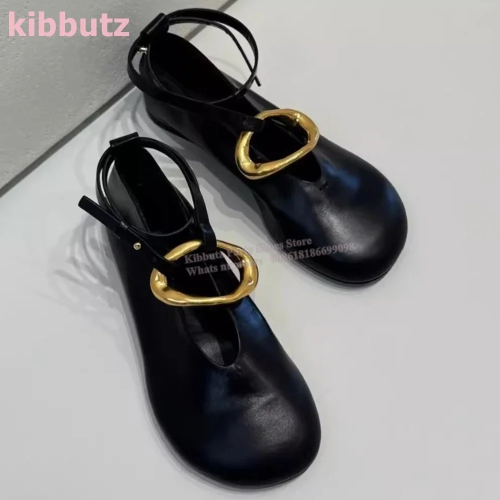 حلقة معدنية حزام الكاحل مضخات جولة تو شقة مع جلد طبيعي الانزلاق على الصلبة موضة أنيقة مثير فستان الحفلات أحذية النساء جديد