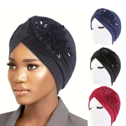 New Women Flower Embroidery Elegant Turban Hats Lightweight Elastic Head Wraps Pleated Headscarf Ramadan Beanies Chemo Cap