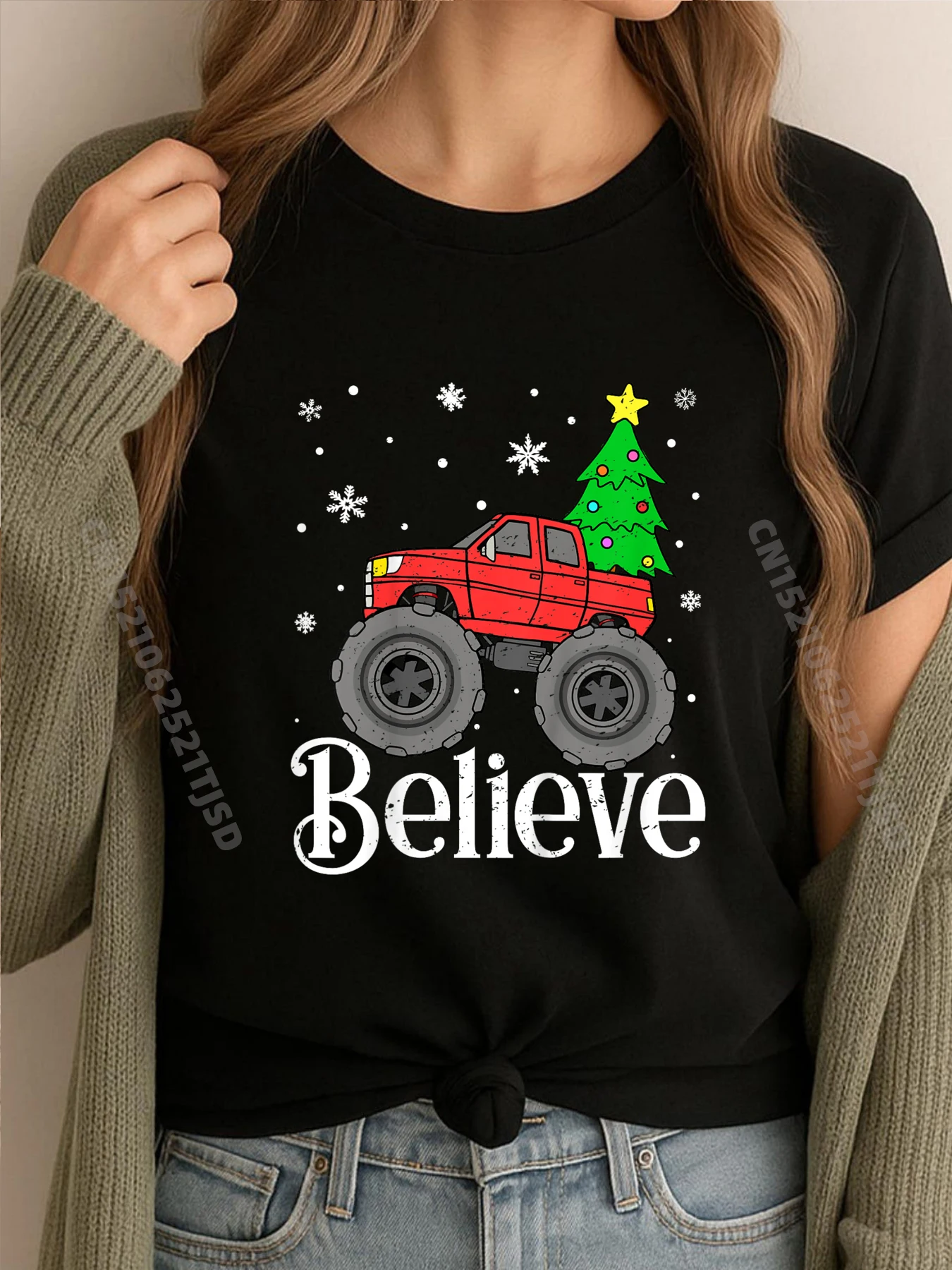 

Детские винтажные футболки Monster Truck Believe Christmas Tree Snowflakes для малышей, классические новогодние роскошные футболки