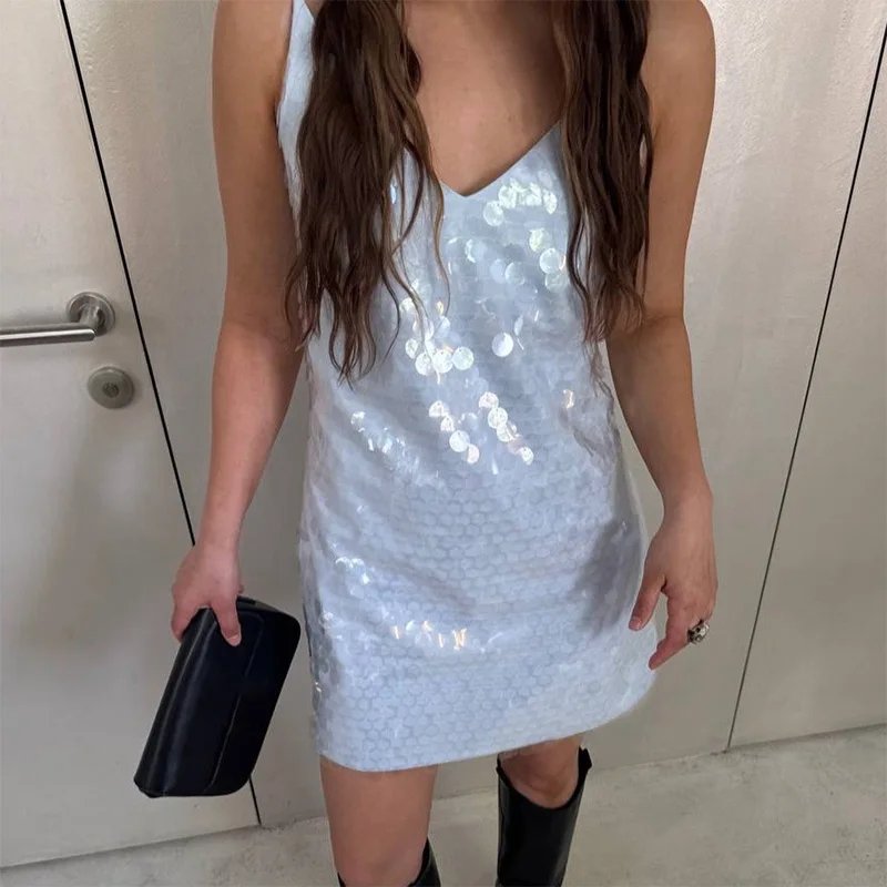 Sexy Paillettenkleid für Damen, Ärmellos, V-Ausschnitt, Trägerkleid, Locker Geschnittenes Mini-Kleid, Sommer-Herbst 2026, Schickes Urlaubskleid für Damen, Neu – Detail 7