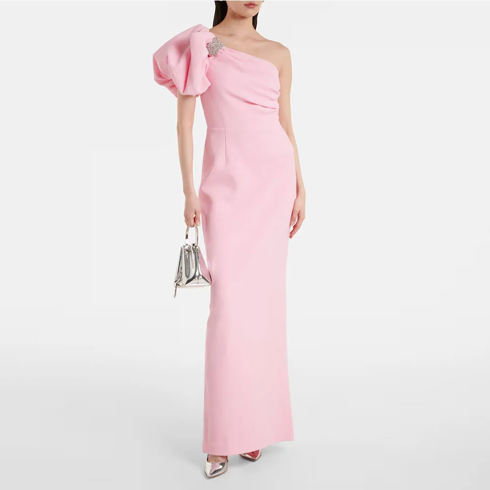 

Pink One Shouder Evening Gown For Wedding Sheath Formal Party Dress Floor Length Prom Dress Sleeveless Beading Saudi Dress