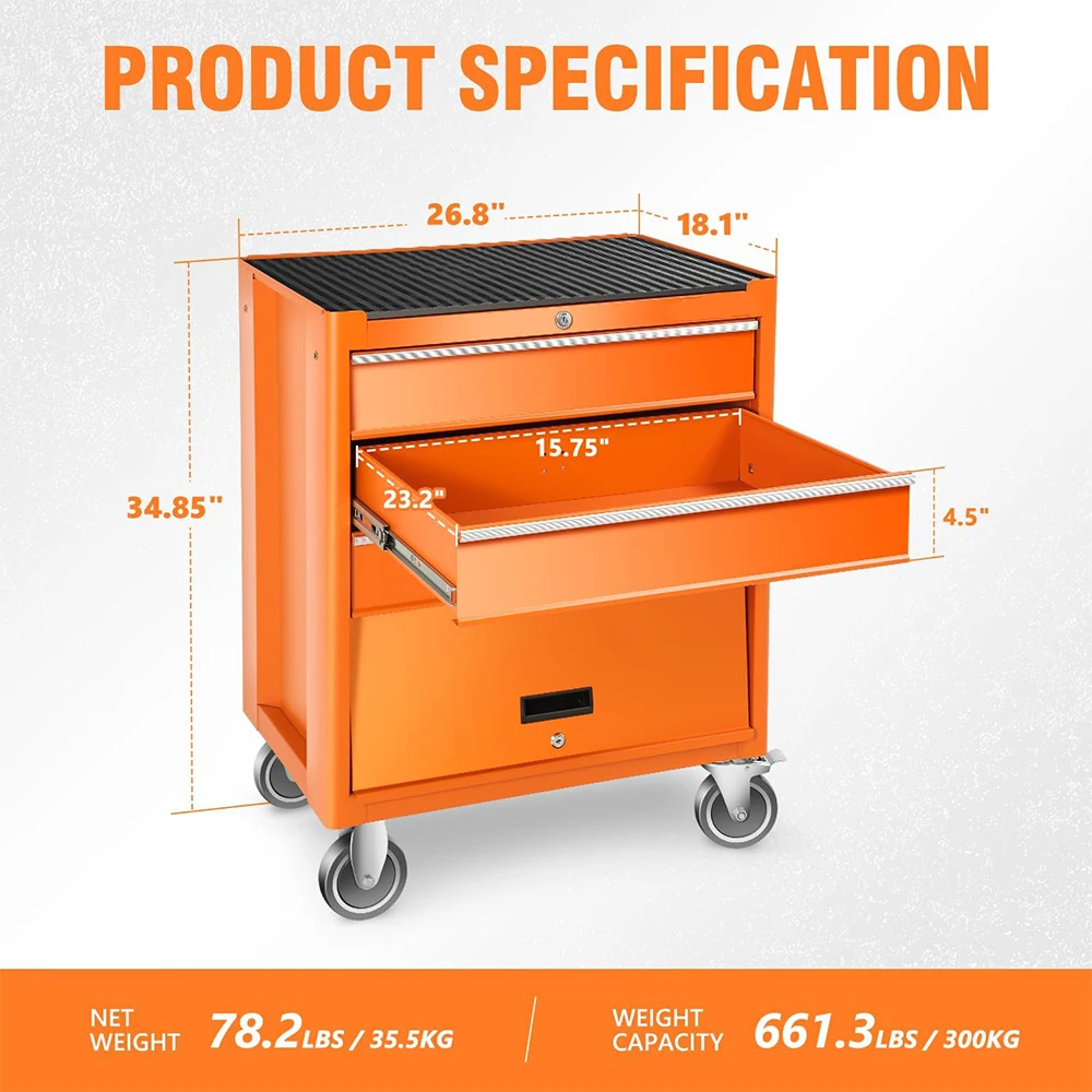 Orange 3 Drawers Rolling Tool Box Cart Chest Tool Garage Storage Cabinet With Wheels