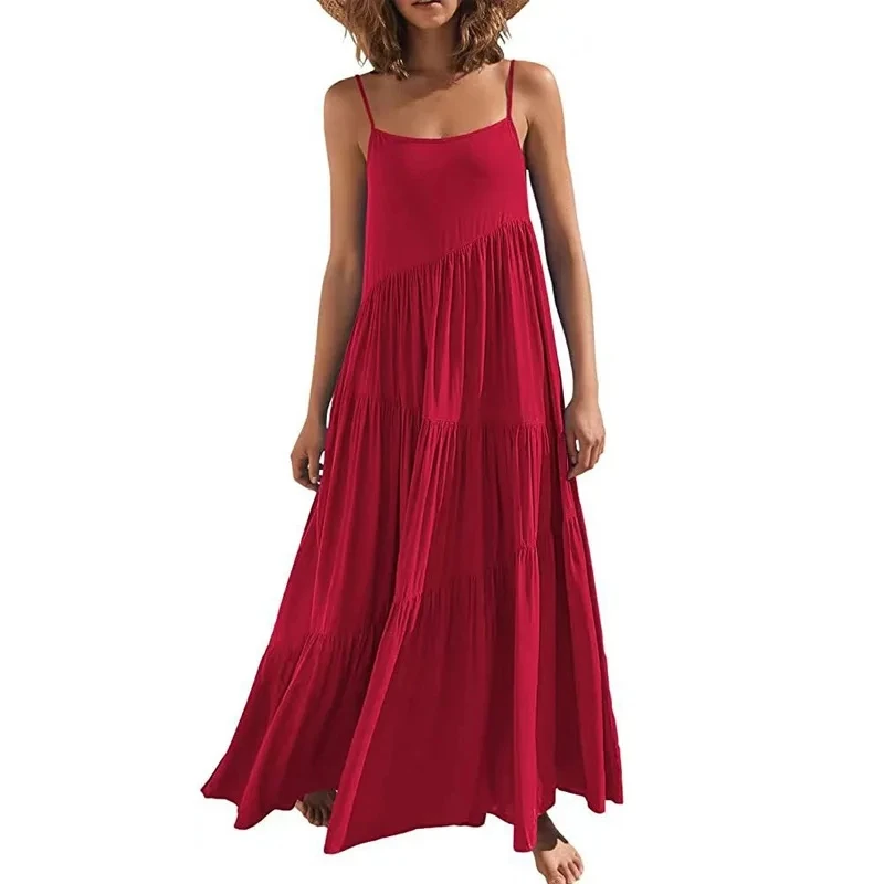 

Sleeveless Suspender Beach Vacation Style Versatile Solid Color A-line Irregular Pleated Dress Womens New Solid Color Long Dress