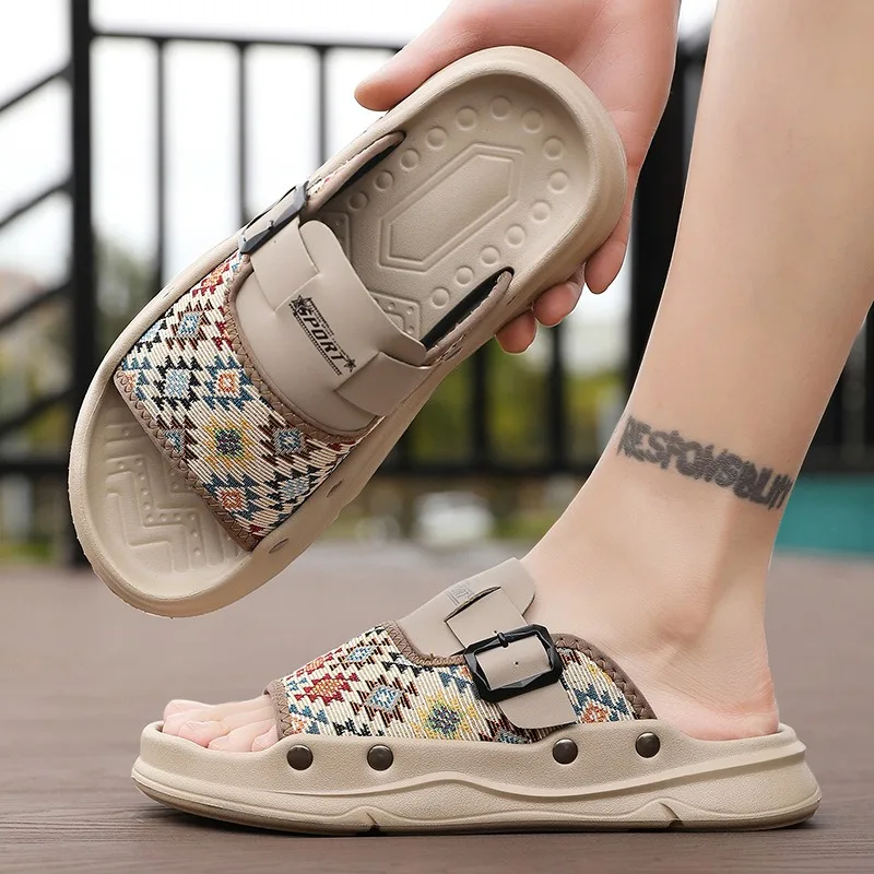 

Plus Size Men's Retro Boho Ethnic Geometric Print Slide Sandals Adjustable Buckle Thick Platform Non-slip Comfortable Summer