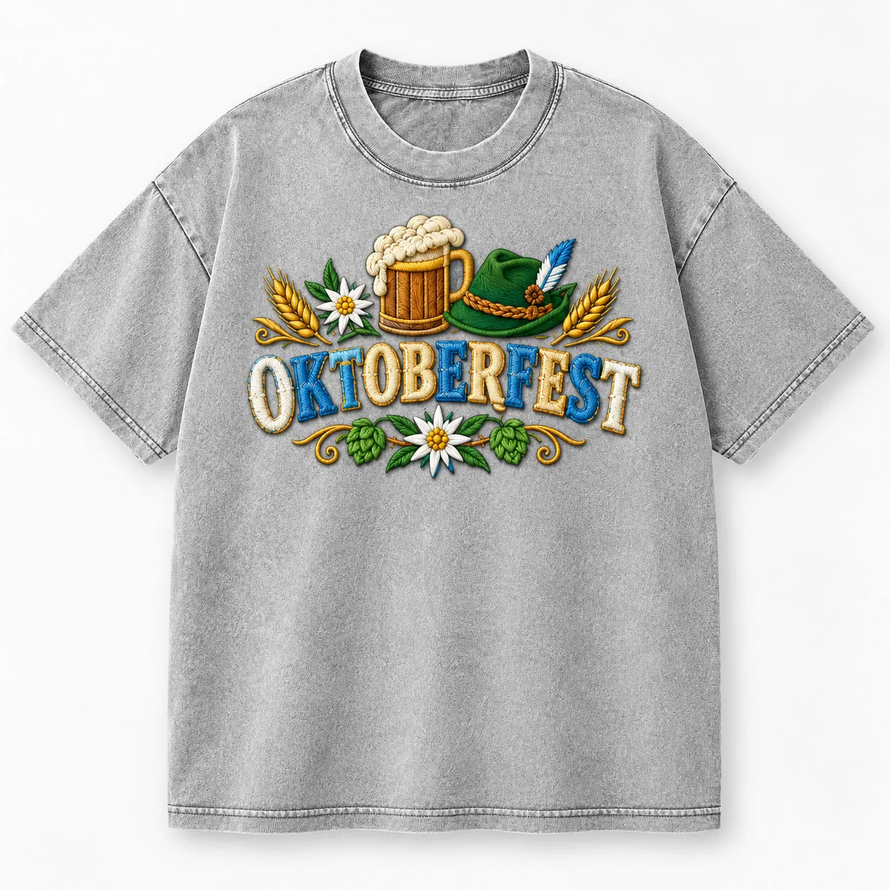 Faux Embroidery Beer Festival Washed T Shirt Pretzel Beer Mug German Style Graphic Tee Autumn Party Casual Unisex Holiday Top