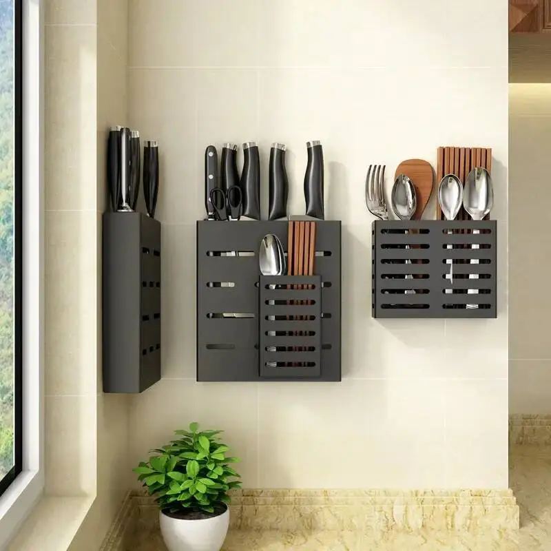 

Tableware Shelf Wall-Mounted Perforation-Free Stainless Steel Household Kitchen Drain Storage Knife Holder