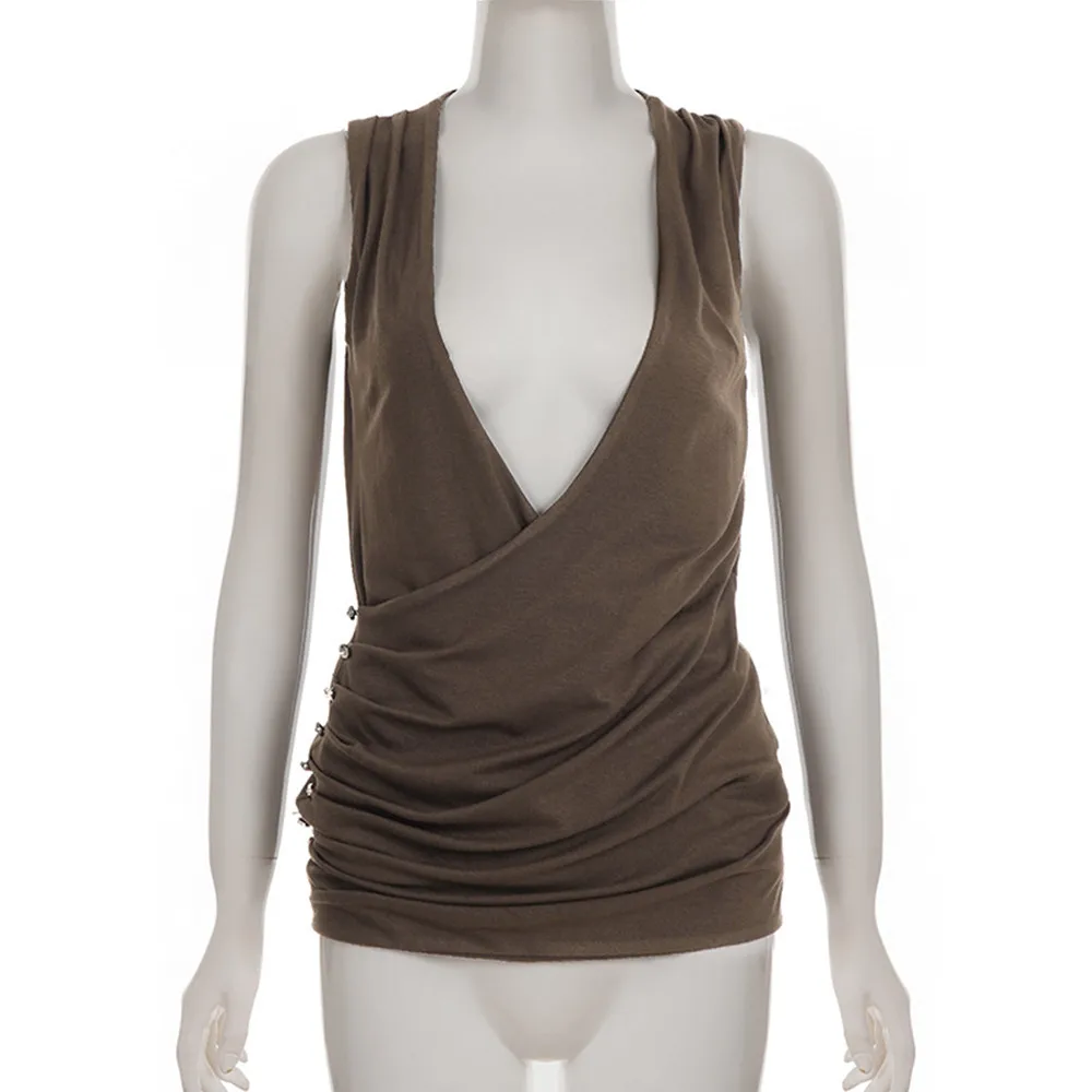 SKMY New Sweet Cool Sexy Spicy Girl Deep V-Neck Knitted Strap Sleeveless Dress Y2k Clothes Women Retro Folded Short Dresses