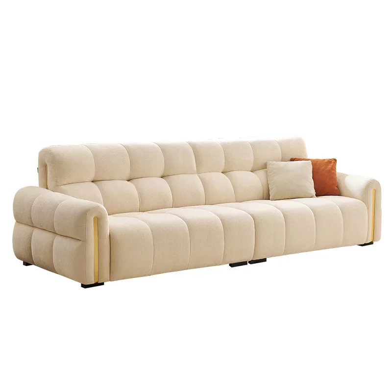 

French light luxury chocolate piano keys straight row sofa cream wind small apartment puff fabric sofa