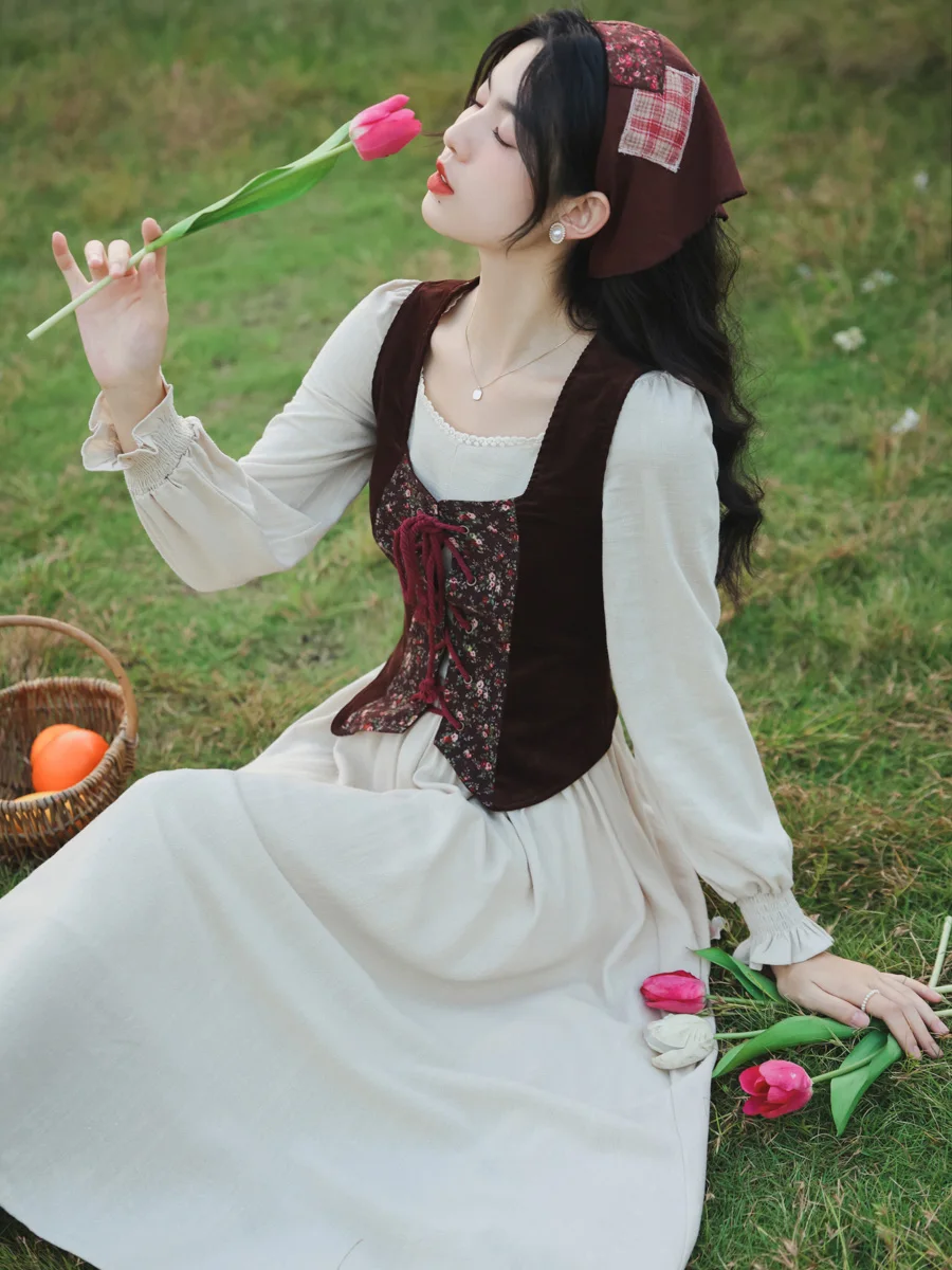 فستان من الكتان القطني على الطراز الفرنسي للنساء في القرون الوسطى فساتين قطنية برجية أنيقة موري فتاة خمر ريترو فيستدو فيستا