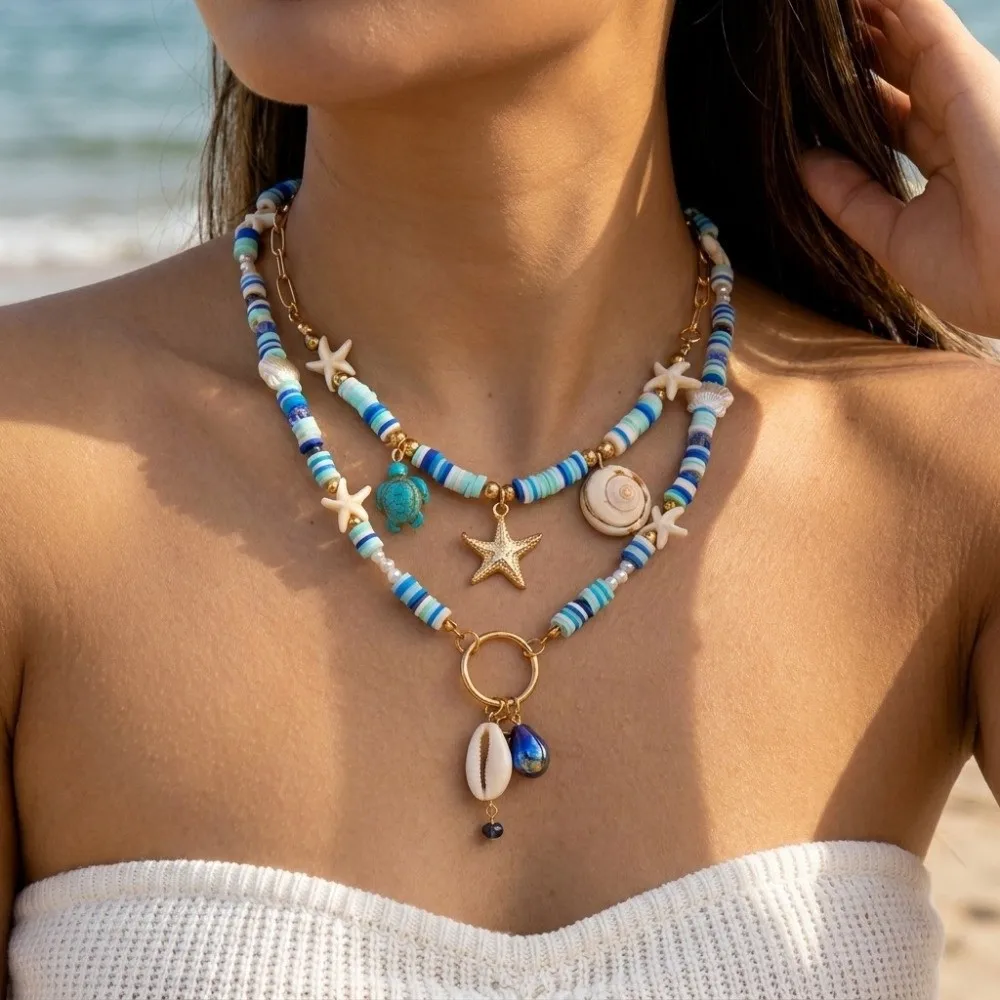 2/3Pcs Bohemian Beaded Pendant Necklace Clown Fish Multilayer Shell Starfish Choker Irregular Gravel Colorful