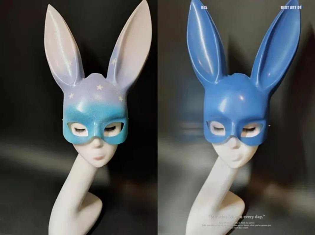 New Women's Rabbit Mask Cosplay Costume Accessory Long Black Rabbit Ears Plastic Shiny Blue Bunny Mask for Masquerade Ball Party