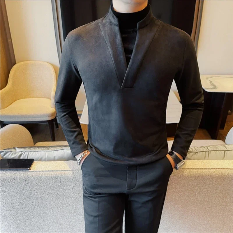 Fake Two Piece Winter Pullover Men 2024 Japanese Style Fashionable Casual Solid Color Long Sleeved Warm Slim Elastic Street Wear