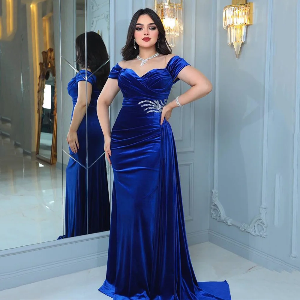 

Off Shoulder Sexy Sweetheart Neck Formal Party Dress Straight High Slit Velour Evening Dresses Backless فساتين سهرة فخمه