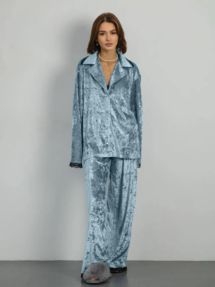 

Marthaqiqi зимние бархатные женские ночные рубашки комплект с длинными рукавами пижамы с отложным воротником ночная рубашка брюки повседневный женский пижамный костюм