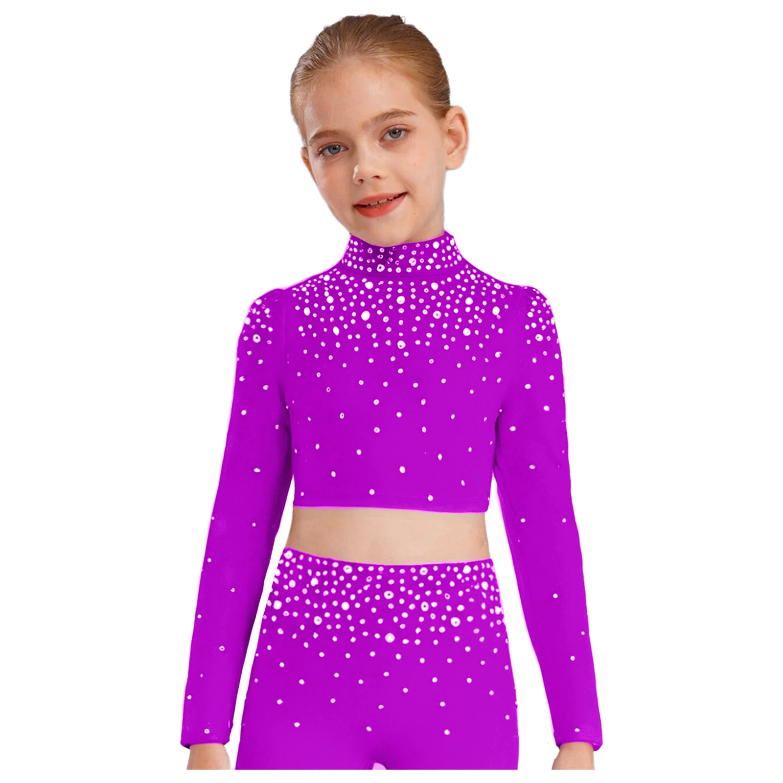 

Kids Girls Jazz Dance Tops Stage Performance Long Sleeve Keyhole Back Sparkling Rhinestones Metallic Gymnastics Tanks Crop Top