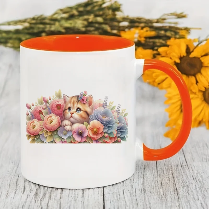 Cute Kitten Floral Pattern Ceramic Coffee Mug, 11oz 350ml Colorful Print Mug, Personalized Custom Mug, Microwave Safe Cute Aesth