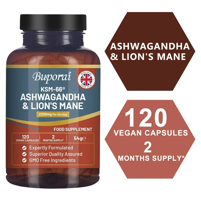 Ashwagandha and Lion’s Mane - Stress Relief, Energy, Focus, Muscle Recovery & Mood Support, Improves Athletic Performance