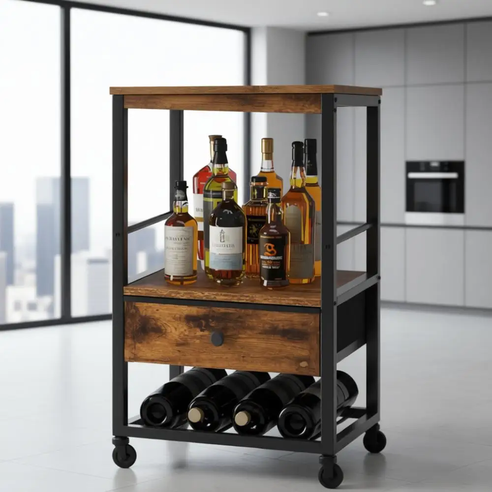 

4-Tier Freestanding Wine Rack, Bar Cabinet for Liquor and Glasses, Storage Drawer, Rustic Brown, Home Bar Kitchen Living Room