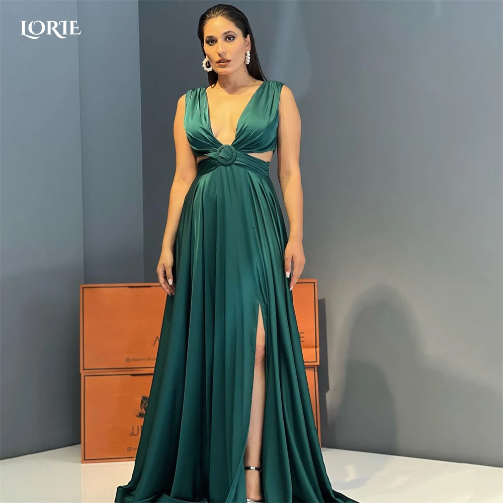 

LORIE Green Evening Dresses Sexy Deep V-Neck Pleated Backless Side Slit Formal Prom Dress A-Line Arabia Celebrity Party Gowns