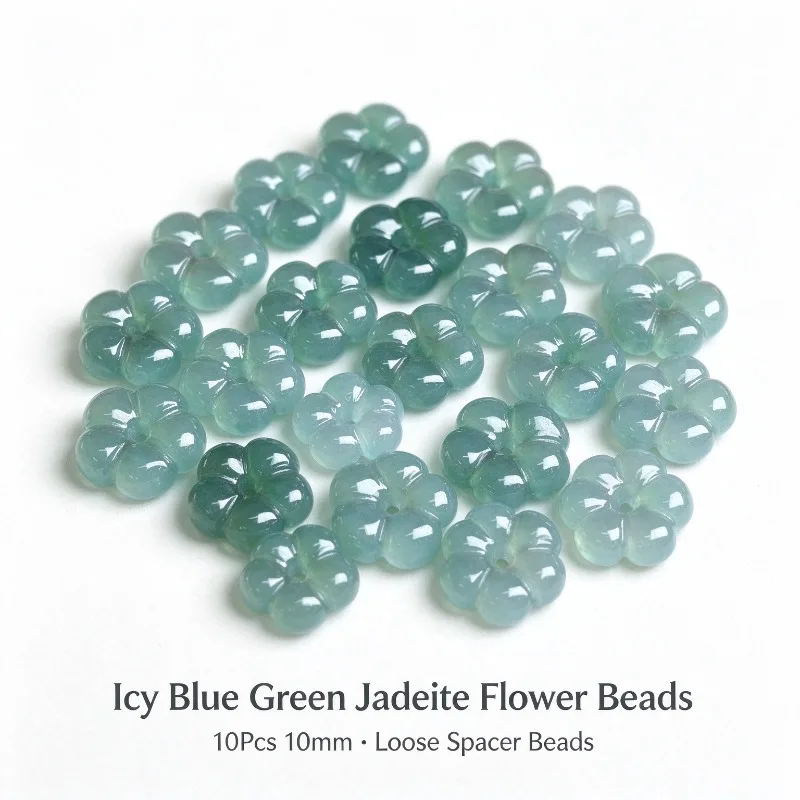 10PC Hand Carved Natural Burma Blue Water Jadeite Five Petal Flower Loose Gemstone Beads DIY Bracelet Earring Making Accessories view 2