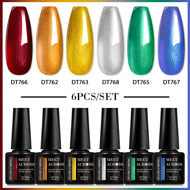MEET ACROSS 6 Pz/set Specchio Metallico Gel Smalto Per Unghie Oro Argento Verde Semi Permanente Unghie Artistiche Gel UV Vernice Kit Manicure