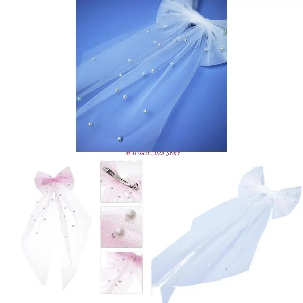 

49ME Beadwork Bowknot Wedding Veil Hairclip for Party Bridal Veil Wedding Bride Headpiece Bows Bride Veil for Engagement