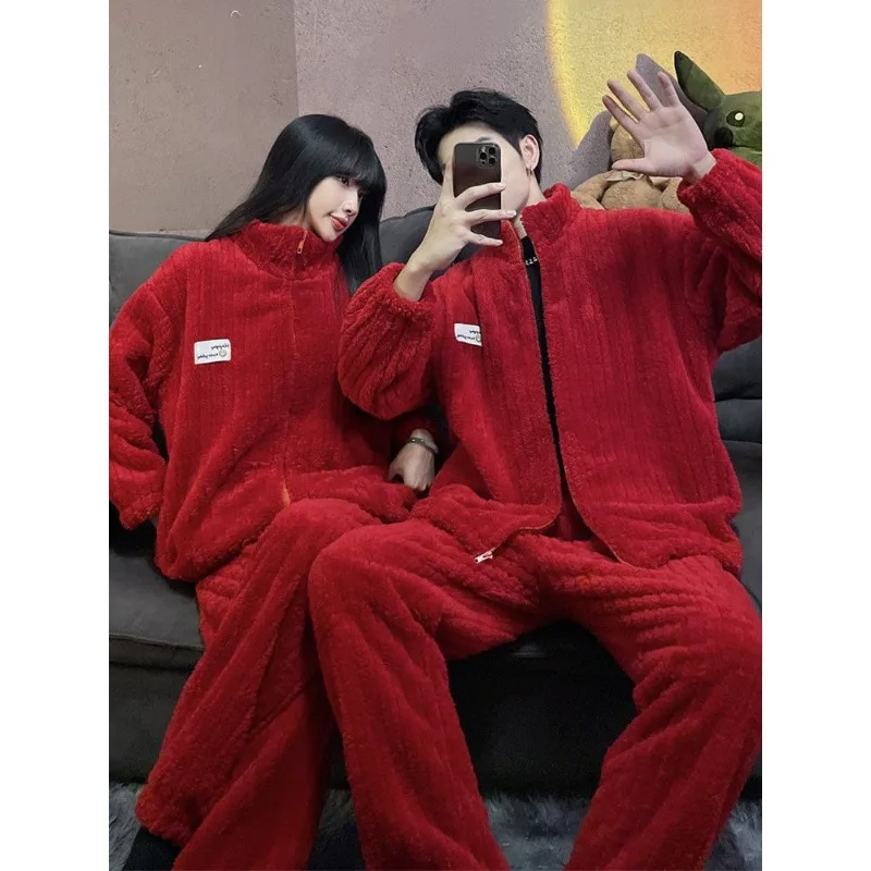 

Couple Pajamas for Autumn and Winter Thickened Coral Fleece Red Wedding Large Size 200 Pounds Flannel Home Wear Set Men Women